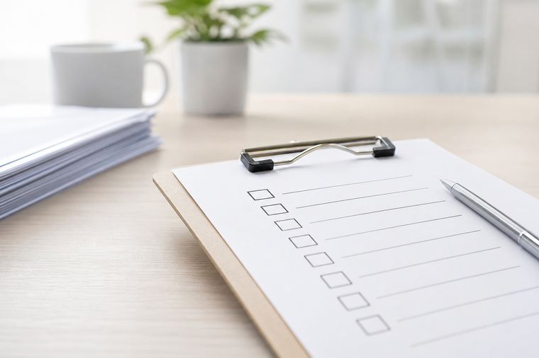 Una penna appoggiata accanto a un foglio a righe bianco, pronto per essere compilato